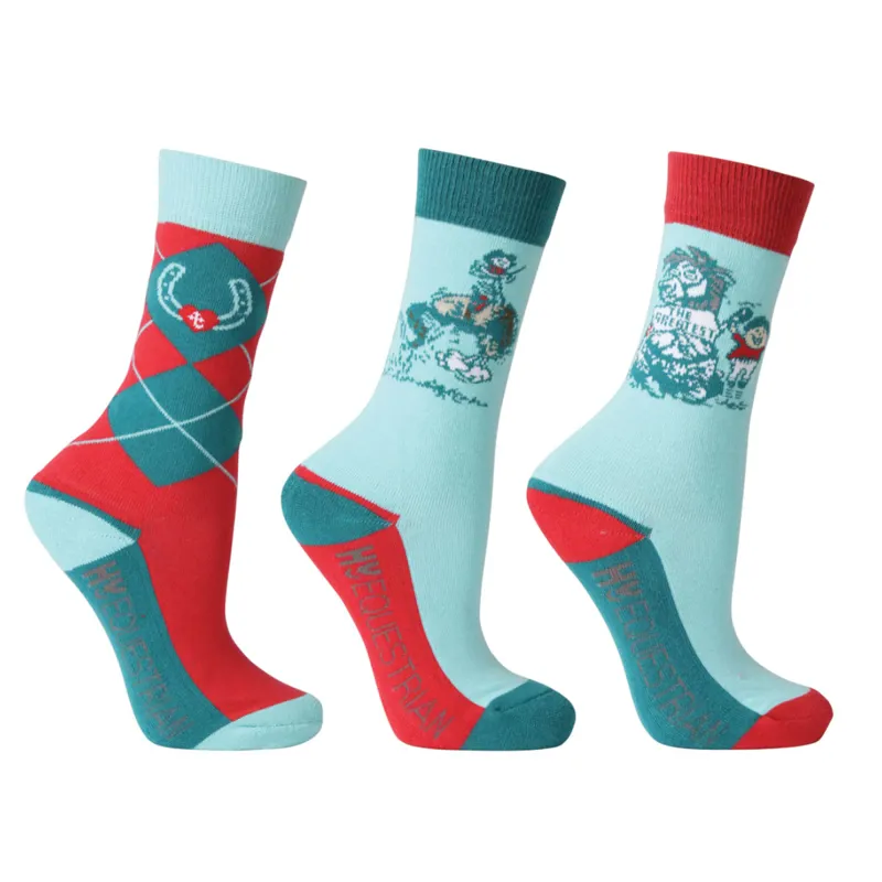 Hy Equestrian Kids Thelwell Collection The Greatest Socks Pack of 3 - Turquoise/Red - UK C8-C12 